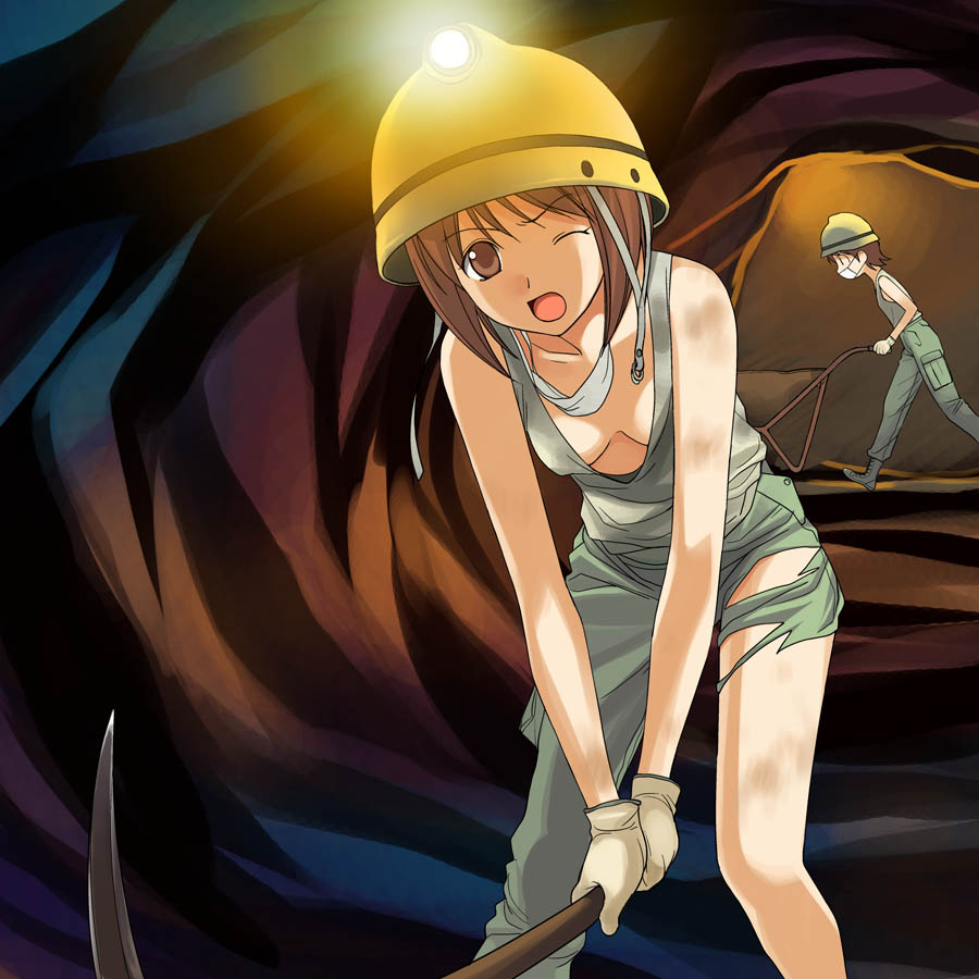 a1 (initial-g), hagiwara yukiho, idolmaster, idolmaster (classic), idolmaster 1, 00s, 1girl, breasts, construction, downblouse, female focus, gloves, hat, helmet, mining, mining helmet, pickaxe, small breasts, solo, tank top, torn clothes, wheelbarrow