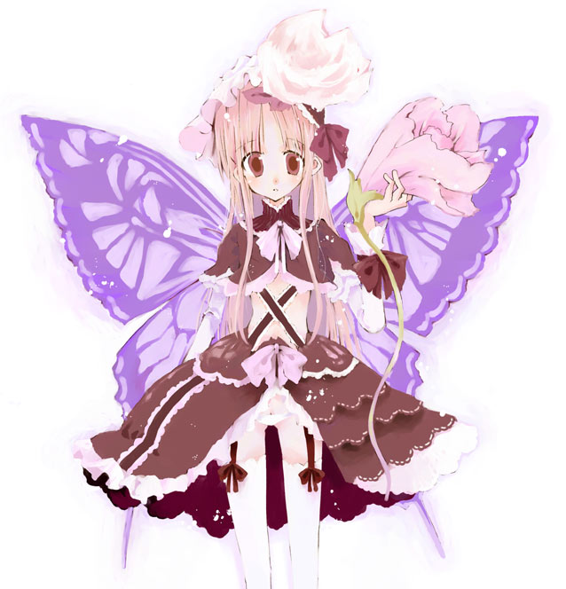 takasaki yuuki, original, 1girl, blonde hair, bonnet, bug, butterfly, butterfly wings, fairy, female focus, flower, garter belt, insect, insect wings, long hair, panties, pantyshot, pink hair, red eyes, solo, standing, thighhighs, underwear, white panties, white thighhighs, wings