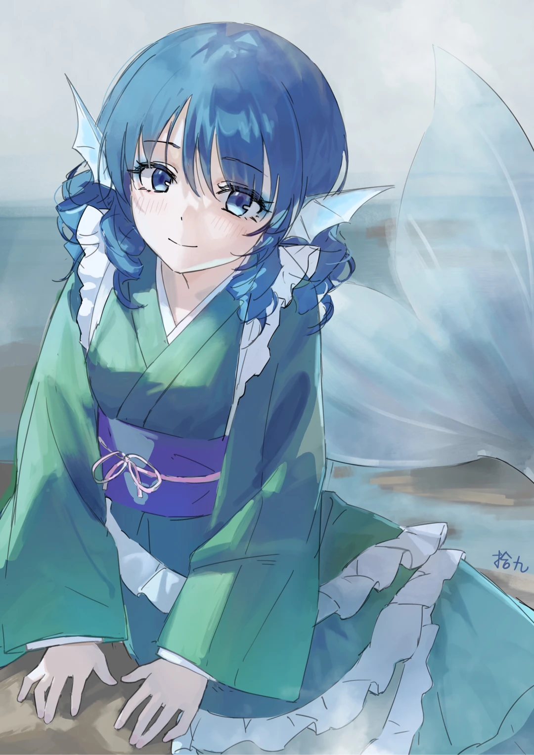 shijiu (shizuoxing), wakasagihime, touhou, highres, 1girl, blue eyes, blue hair, closed mouth, drill hair, fins, green kimono, head fins, japanese clothes, kimono, long hair, looking at viewer, medium hair, mermaid, monster girl, obi, obijime, purple sash, sash, signature, smile, solo