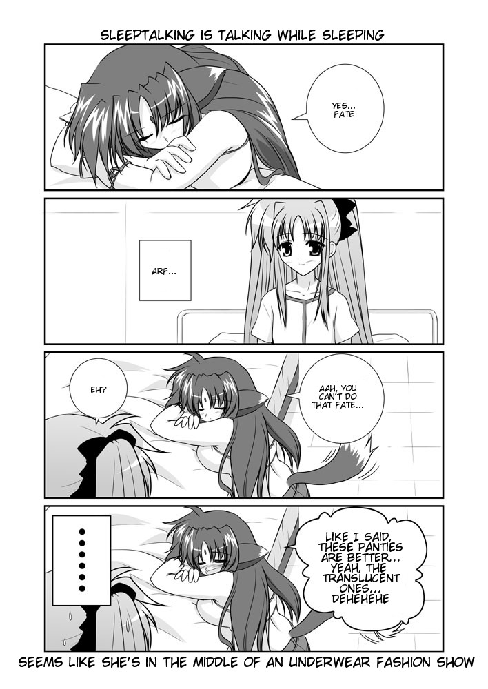 mikage takashi, arf, fate testarossa, lyrical nanoha, mahou shoujo lyrical nanoha, mahou shoujo lyrical nanoha a's, hard-translated, third-party edit, translated, 00s, 2girls, 4koma, animal ears, comic, english text, familiar, forehead jewel, greyscale, monochrome, multiple girls, tail, twintails, wolf ears, wolf tail