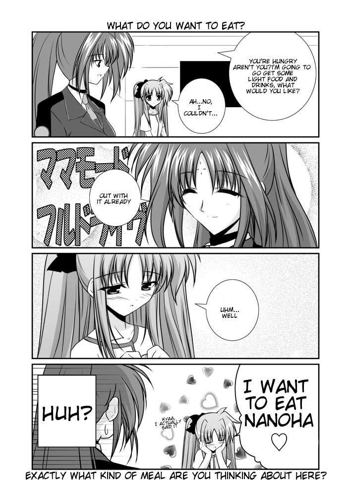 fate testarossa, lyrical nanoha, mahou shoujo lyrical nanoha, mahou shoujo lyrical nanoha a's, hard-translated, third-party edit, translated, 00s, 2girls, blazer, blush, closed eyes, comic, embarrassed, english text, facepaint, greyscale, hair ribbon, happy, heart, jacket, long hair, monochrome, multiple girls, necktie, ribbon, school uniform, sweatdrop, talking, twintails, very long hair
