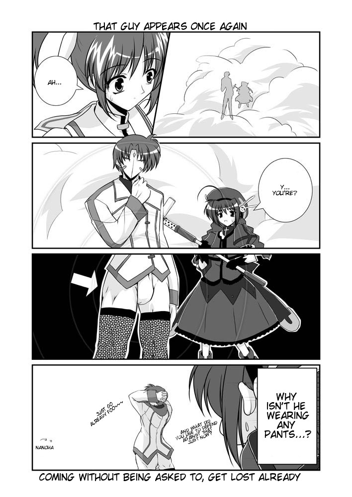 mikage takashi, graf eisen, takamachi nanoha, vita (nanoha), hentai kamen, lyrical nanoha, mahou shoujo lyrical nanoha, mahou shoujo lyrical nanoha a's, hard-translated, third-party edit, translated, 00s, 1boy, 2girls, 4koma, ahoge, braid, comic, english text, gloves, greyscale, hammer, hat, jacket, magical girl, mask, monochrome, multiple girls, open clothes, open jacket, thighhighs, twin braids, twintails