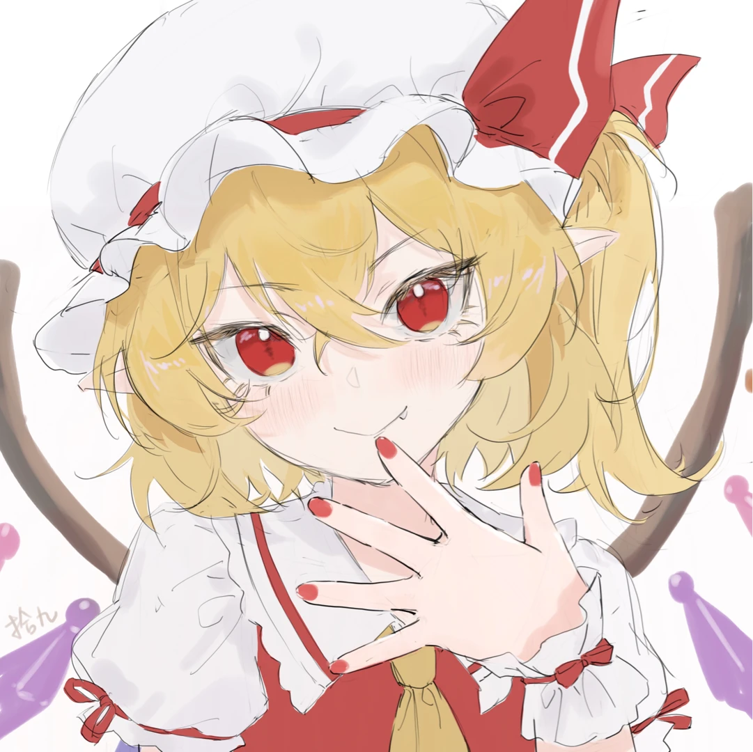 shijiu (shizuoxing), flandre scarlet, touhou, 1girl, ascot, blonde hair, fang, fang out, hat, looking at viewer, medium hair, mob cap, pointy ears, puffy short sleeves, puffy sleeves, red eyes, red nails, red vest, shirt, short sleeves, simple background, solo, upper body, vest, white background, white hat, white shirt, wings, wrist cuffs, yellow ascot
