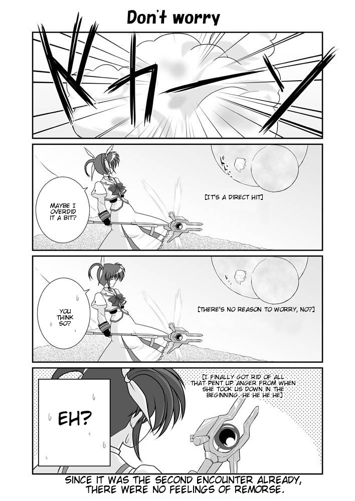 mikage takashi, raising heart, raising heart (buster mode), takamachi nanoha, takamachi nanoha (sacred mode), lyrical nanoha, mahou shoujo lyrical nanoha, mahou shoujo lyrical nanoha a's, hard-translated, third-party edit, translated, 00s, 1girl, 4koma, bow, comic, english text, explosion, fingerless gloves, gloves, greyscale, magazine (weapon), magical girl, monochrome, planet, twintails, wings