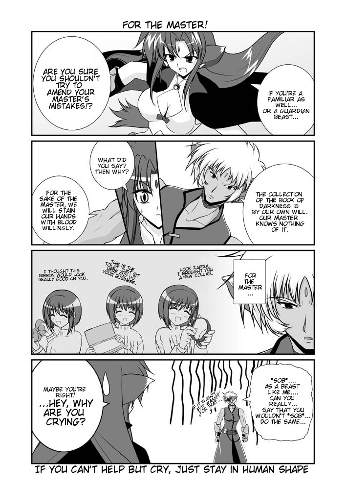 mikage takashi, arf, yagami hayate, zafira, lyrical nanoha, mahou shoujo lyrical nanoha, mahou shoujo lyrical nanoha a's, hard-translated, third-party edit, translated, 00s, 1boy, 2girls, 4koma, animal ears, cape, comic, english text, familiar, forehead jewel, gauntlets, greyscale, magical boy, magical girl, monochrome, multiple girls, wolf ears