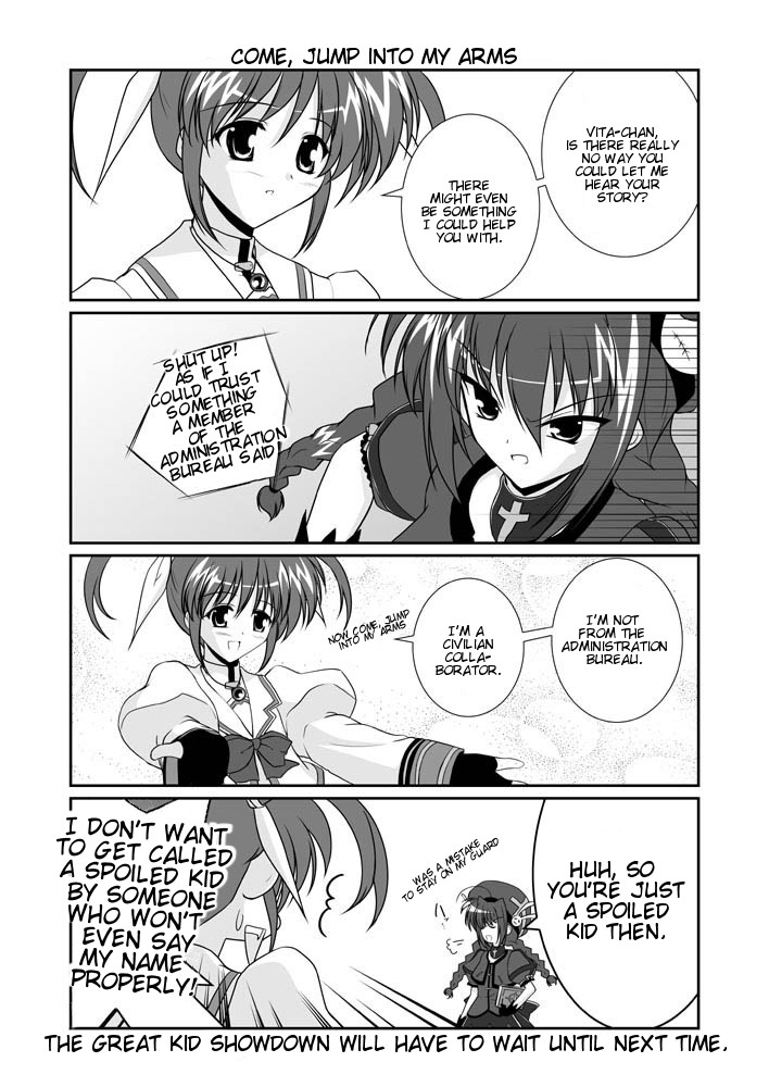 mikage takashi, raising heart, raising heart (standby mode), takamachi nanoha, takamachi nanoha (sacred mode), vita (nanoha), lyrical nanoha, mahou shoujo lyrical nanoha, mahou shoujo lyrical nanoha a's, hard-translated, third-party edit, translated, 00s, 2girls, 4koma, bow, braid, comic, english text, fingerless gloves, gloves, greyscale, hat, jacket, magical girl, monochrome, multiple girls, open clothes, open jacket, twin braids, twintails
