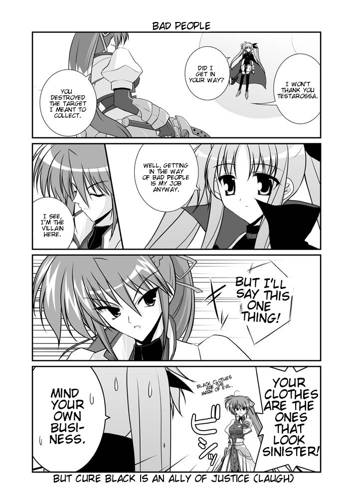 fate testarossa, signum, lyrical nanoha, mahou shoujo lyrical nanoha, mahou shoujo lyrical nanoha a's, hard-translated, third-party edit, translated, 00s, 2girls, comic, english text, greyscale, monochrome, multiple girls, thighhighs