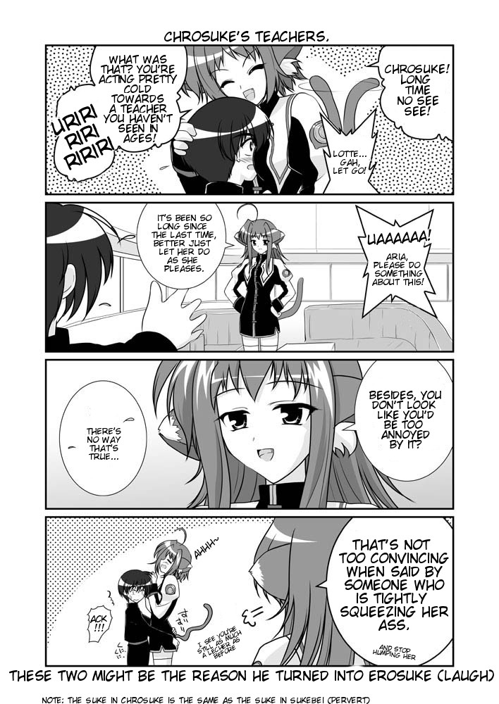 mikage takashi, chrono harlaown, liesearia (nanoha), lieselotte (nanoha), lyrical nanoha, mahou shoujo lyrical nanoha, mahou shoujo lyrical nanoha a's, ass grab, hard-translated, third-party edit, translated, 00s, 1boy, 2girls, 4koma, ahoge, animal ears, ass, between breasts, breast smother, breasts, cat ears, cat tail, comic, english text, face to breasts, familiar, greyscale, hands on own hips, hug, magical girl, military, military uniform, monochrome, multiple girls, siblings, sisters, tail, tail wagging, twins