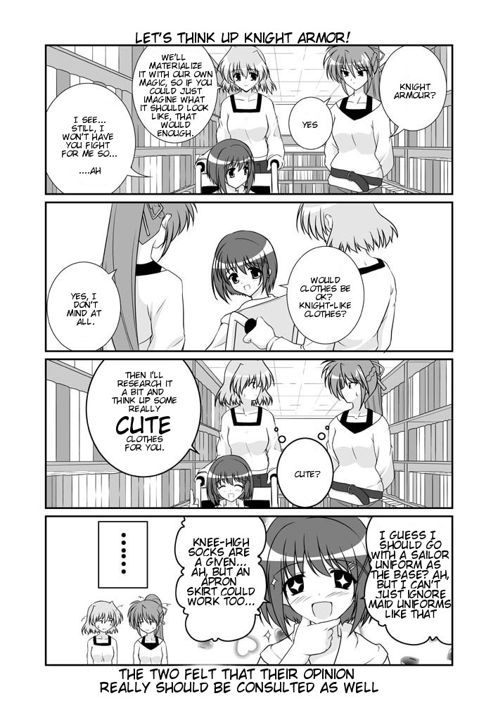 mikage takashi, shamal, signum, yagami hayate, lyrical nanoha, mahou shoujo lyrical nanoha, mahou shoujo lyrical nanoha a's, hard-translated, third-party edit, translated, 00s, 3girls, 4koma, comic, english text, greyscale, monochrome, multiple girls, ponytail, wheelchair