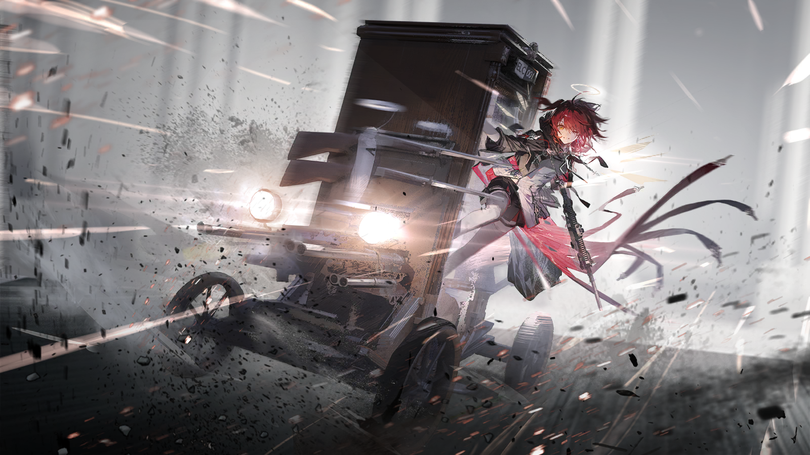 min (120716), exusiai (arknights), exusiai the new covenant (arknights), arknights, game cg, highres, official art, third-party source, 1girl, black jacket, black shorts, car, detached wings, elc-001 (arknights), energy wings, floating hair, gun, halo, holding, holding gun, holding weapon, jacket, long sleeves, motor vehicle, one eye closed, orange eyes, red hair, shirt, shorts, solo, thighhighs, weapon, white shirt, white thighhighs, wings