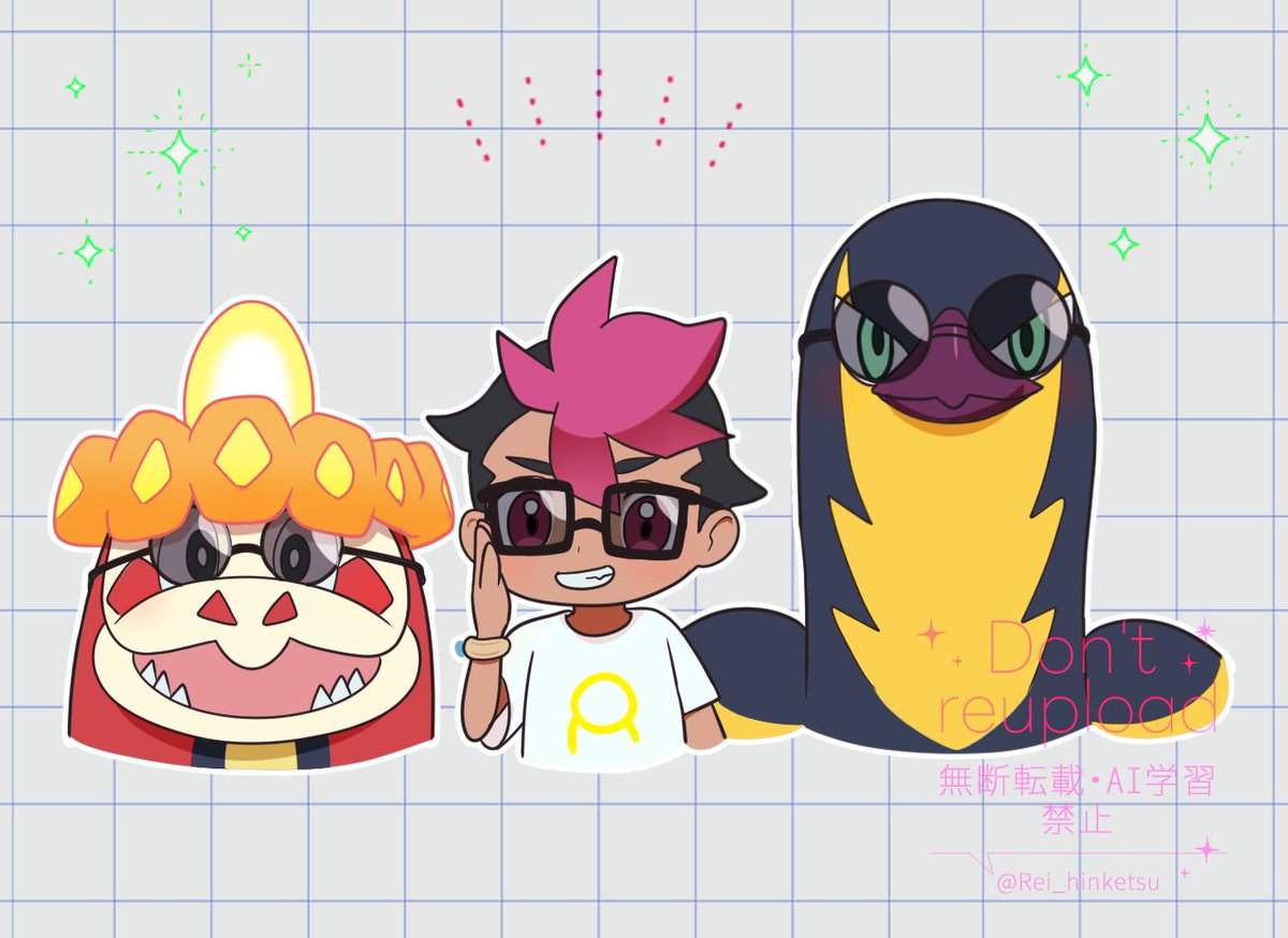 rei hinketsu, crocalor, kilowattrel, roy (pokemon), nintendo, pokemon, pokemon (anime), pokemon horizons, commentary, symbol-only commentary, 1boy, adjusting eyewear, black-framed eyewear, black hair, bracelet, chibi, glasses, grid background, grin, hand up, jewelry, male focus, multicolored hair, pokemon (creature), shirt, short hair, short sleeves, smile, sparkle, t-shirt, teeth, two-tone hair, watermark, white shirt