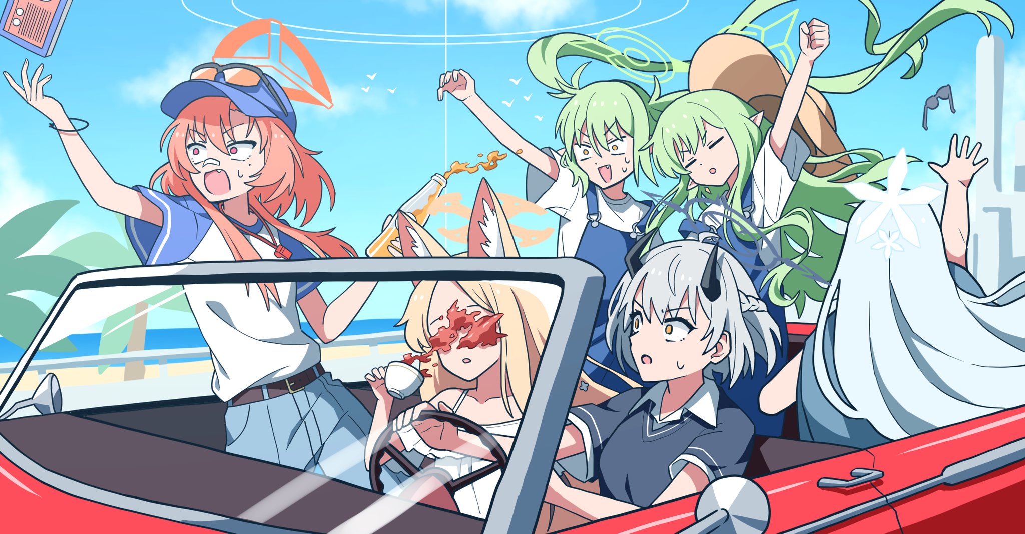 washin, hikari (blue archive), nagusa (blue archive), nozomi (blue archive), rei (blue archive), seia (blue archive), sena (blue archive), blue archive, highres, 6+girls, animal ears, baseball cap, belt, black horns, blonde hair, blue hat, blue overalls, blue sky, bottle, car, closed mouth, cloud, cup, demon tail, drink, driving, eyewear on head, floating hair, fox ears, glasses, green hair, halo, hat, holding, holding bottle, holding cup, holding drink, horns, left-hand drive, long hair, motor vehicle, multiple girls, open mouth, orange hair, overalls, palm tree, red car, shirt, short hair, short sleeves, sky, sunglasses, sweatdrop, t-shirt, tail, teacup, tree, white hair, white shirt, wind, yellow eyes