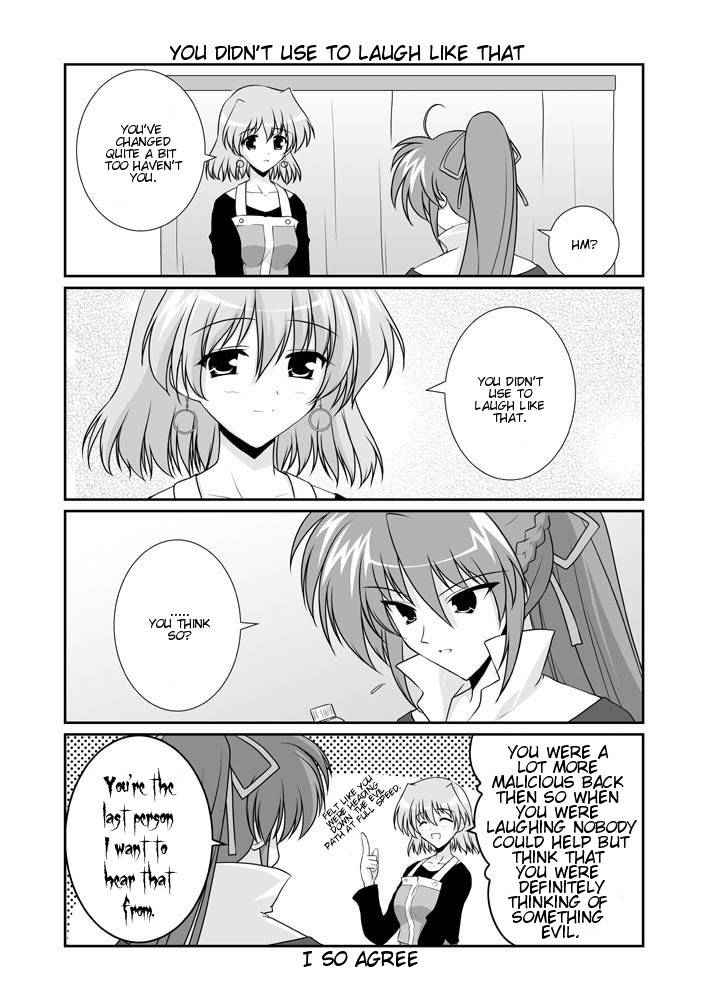 mikage takashi, shamal, signum, lyrical nanoha, mahou shoujo lyrical nanoha, mahou shoujo lyrical nanoha a's, hard-translated, third-party edit, translated, 00s, 2girls, 4koma, comic, earrings, english text, greyscale, jewelry, monochrome, multiple girls, ponytail
