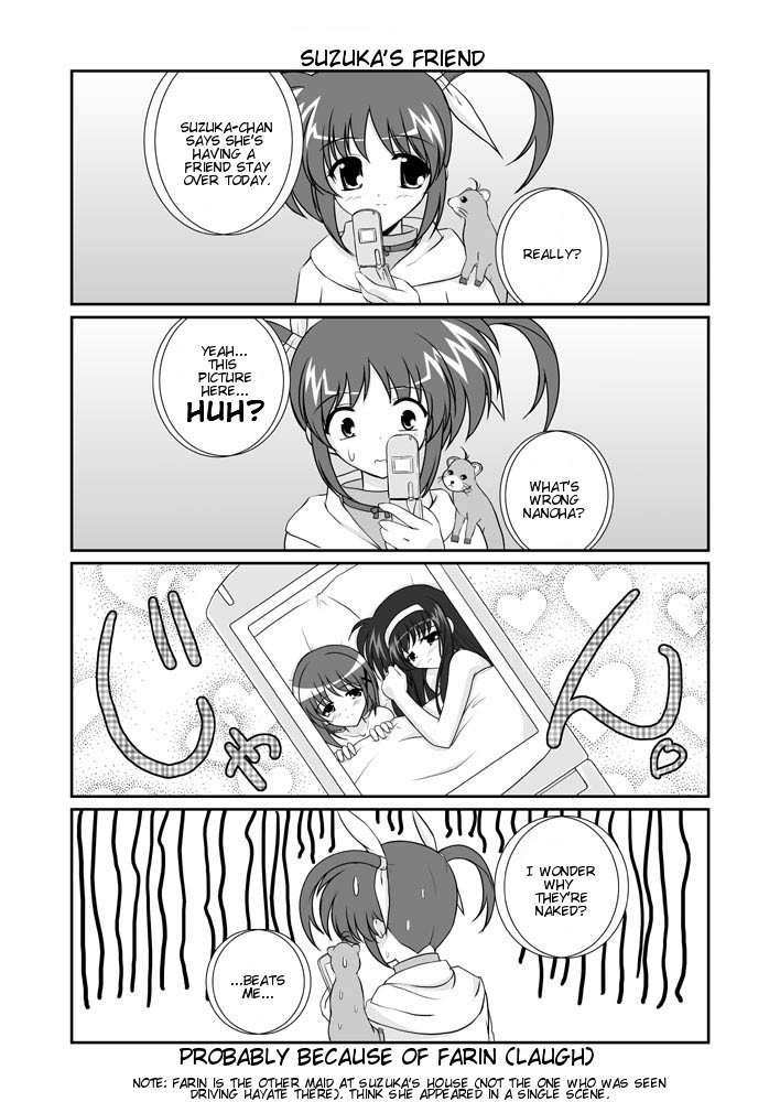 mikage takashi, takamachi nanoha, tsukimura suzuka, yagami hayate, yuuno scrya, lyrical nanoha, mahou shoujo lyrical nanoha, mahou shoujo lyrical nanoha a's, hard-translated, third-party edit, translated, 00s, 3girls, 4koma, cellphone, cellphone photo, comic, english text, greyscale, hairband, monochrome, multiple girls, phone, twintails, yuri
