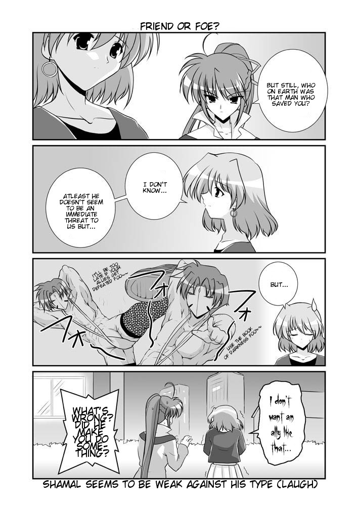 mikage takashi, shamal, signum, hentai kamen, lyrical nanoha, mahou shoujo lyrical nanoha, mahou shoujo lyrical nanoha a's, hard-translated, third-party edit, translated, 00s, 2girls, 4koma, comic, english text, greyscale, mask, monochrome, multiple girls, ponytail, thighhighs