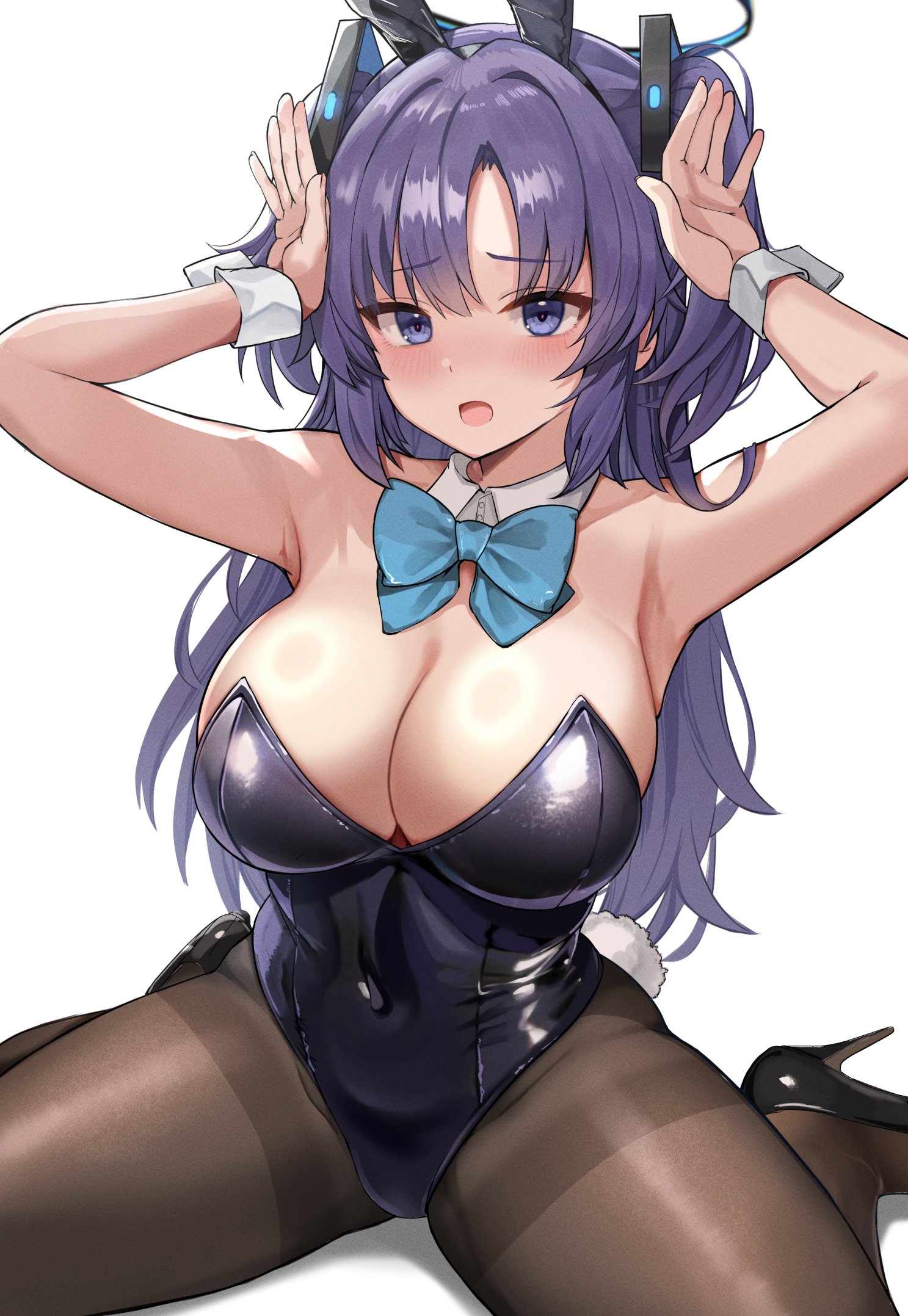 kihou no gotoku dmc, yuuka (blue archive), blue archive, commentary request, highres, 1girl, alternate costume, animal ears, armpits, arms up, bare shoulders, black hairband, black leotard, blue bow, blue bowtie, blue eyes, blue hair, blush, bow, bowtie, breasts, cleavage, detached collar, fake animal ears, hair ornament, hairband, high heels, large breasts, leotard, long hair, looking at viewer, open mouth, pantyhose, parted bangs, playboy bunny, rabbit ears, simple background, sitting, solo, thighband pantyhose, thighs, two side up, wariza, white background