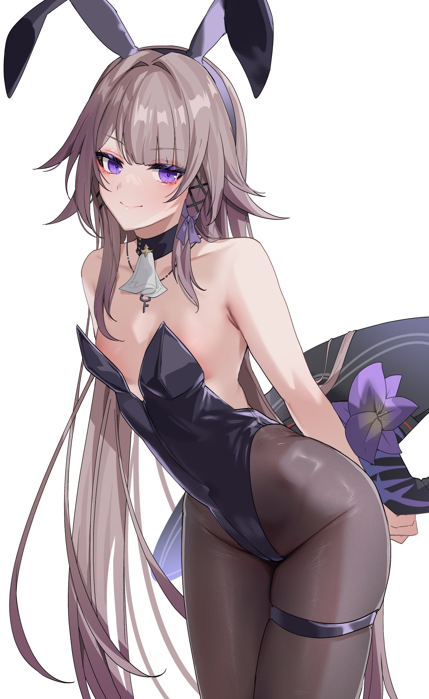 anzu0130, herta (honkai: star rail), the herta (honkai: star rail), honkai: star rail, honkai (series), commentary request, highres, 1girl, alternate costume, animal ears, bare shoulders, black leotard, black pantyhose, breasts, brown hair, fake animal ears, hat, holding, holding unworn clothes, holding unworn hat, leotard, long hair, looking at viewer, pantyhose, playboy bunny, purple eyes, rabbit ears, simple background, small breasts, smile, solo, thigh strap, unworn hat, unworn headwear, very long hair, white background, witch hat