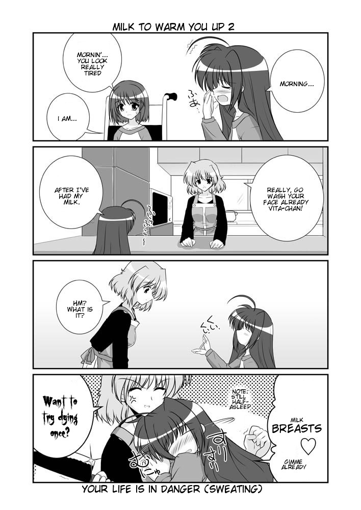 mikage takashi, shamal, vita (nanoha), yagami hayate, lyrical nanoha, mahou shoujo lyrical nanoha, mahou shoujo lyrical nanoha a's, hard-translated, third-party edit, translated, 00s, 3girls, 4koma, comic, english text, greyscale, knife, monochrome, multiple girls, wheelchair