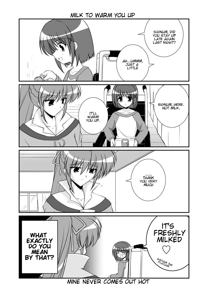 mikage takashi, signum, yagami hayate, lyrical nanoha, mahou shoujo lyrical nanoha, mahou shoujo lyrical nanoha a's, hard-translated, third-party edit, translated, 00s, 2girls, 4koma, comic, english text, greyscale, milk, monochrome, multiple girls, ponytail, wheelchair