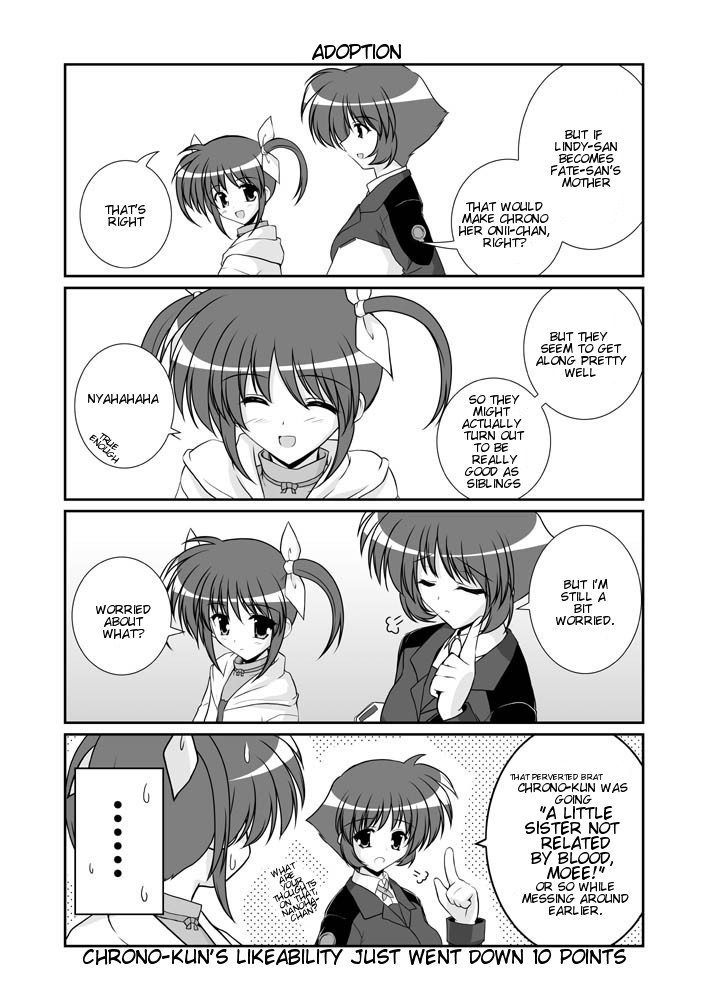 mikage takashi, amy limietta, takamachi nanoha, lyrical nanoha, mahou shoujo lyrical nanoha, mahou shoujo lyrical nanoha a's, hard-translated, third-party edit, translated, 00s, 2girls, 4koma, comic, english text, greyscale, military, military uniform, monochrome, multiple girls, twintails