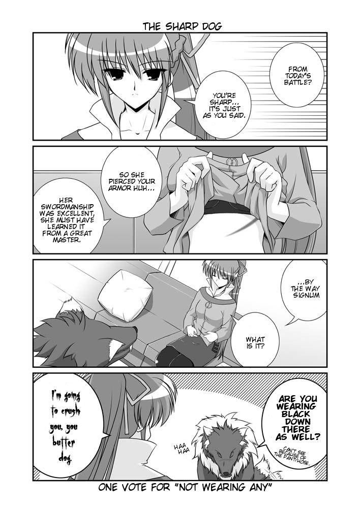 mikage takashi, signum, zafira, lyrical nanoha, mahou shoujo lyrical nanoha, mahou shoujo lyrical nanoha a's, hard-translated, third-party edit, translated, 00s, 1boy, 1girl, 4koma, comic, english text, greyscale, monochrome, pantyhose, ponytail, scar, tail, tail wagging
