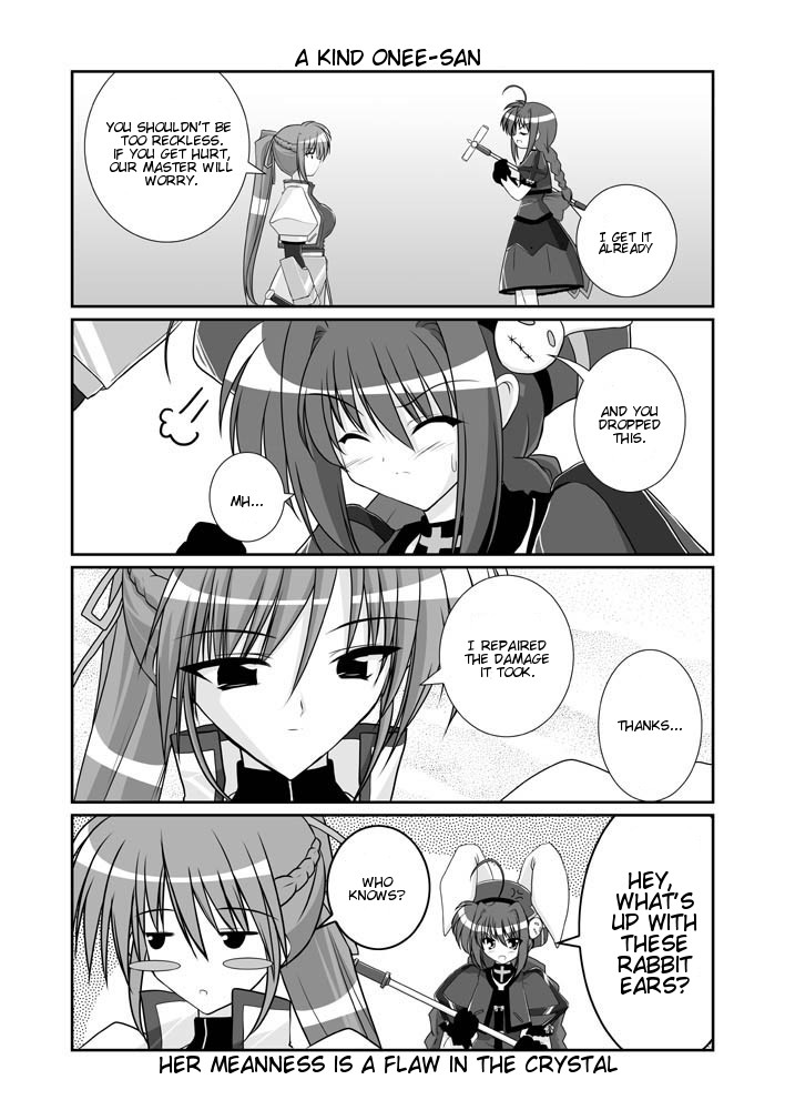 mikage takashi, graf eisen, signum, vita (nanoha), lyrical nanoha, mahou shoujo lyrical nanoha, mahou shoujo lyrical nanoha a's, hard-translated, third-party edit, translated, 00s, 2girls, 4koma, animal ears, blush stickers, braid, comic, english text, gloves, greyscale, hammer, hat, jacket, magical girl, monochrome, multiple girls, open clothes, open jacket, ponytail, rabbit ears, twin braids, waist cape