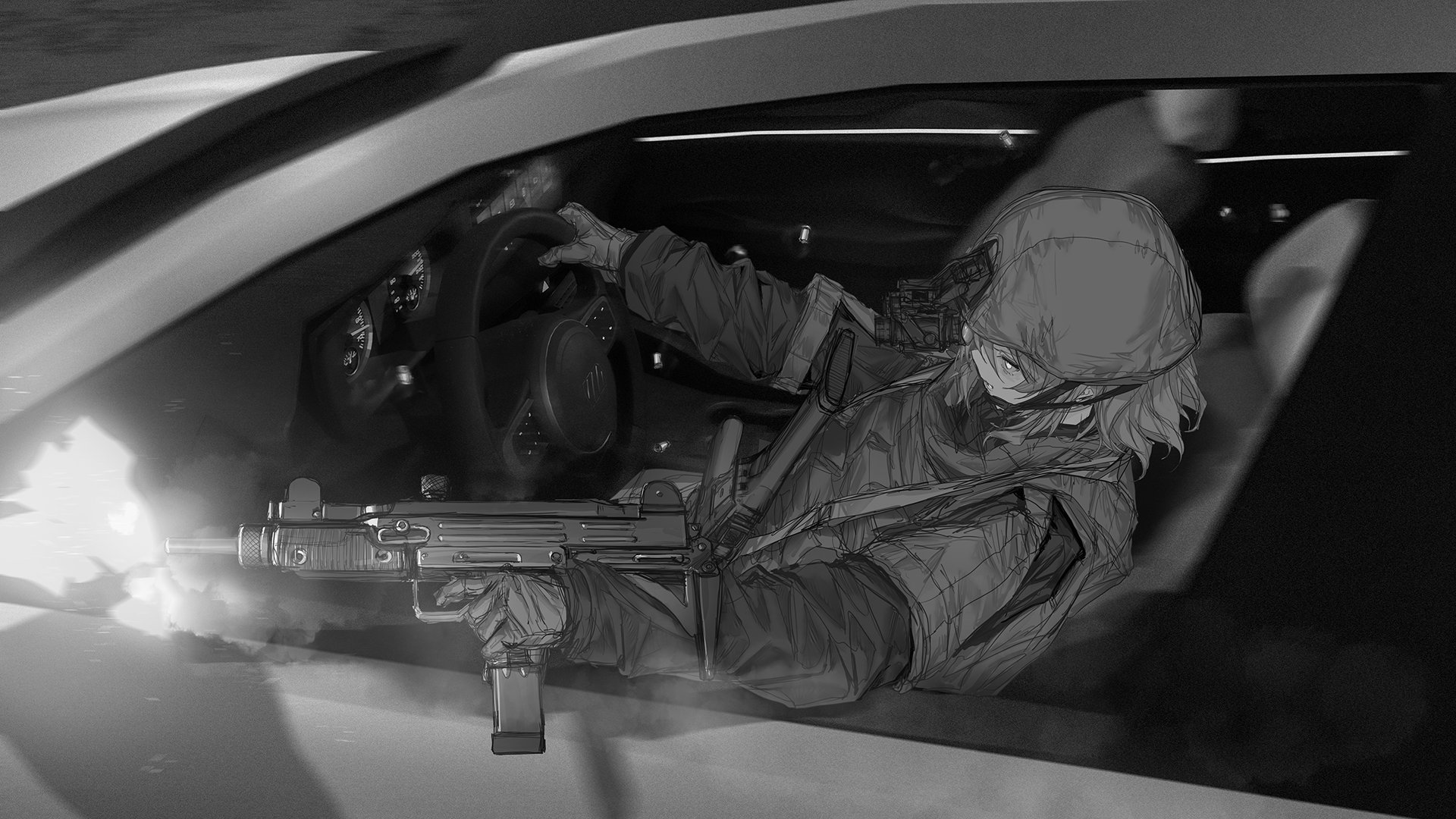 lm7 (op-center), original, highres, 1girl, coat, combat helmet, driving, firing, from above, from side, gloves, greyscale, gun, helmet, holding, holding gun, holding weapon, long sleeves, medium hair, monochrome, motion blur, muzzle flash, night vision device, solo, submachine gun, uzi, weapon