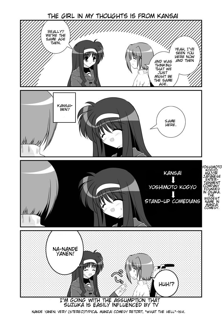 mikage takashi, takamachi nanoha, tsukimura suzuka, yagami hayate, lyrical nanoha, mahou shoujo lyrical nanoha, mahou shoujo lyrical nanoha a's, hard-translated, third-party edit, translated, 00s, 3girls, 4koma, comic, english text, greyscale, hair ornament, hairband, monochrome, multiple girls, nandeyanen, school uniform, wheelchair, x hair ornament