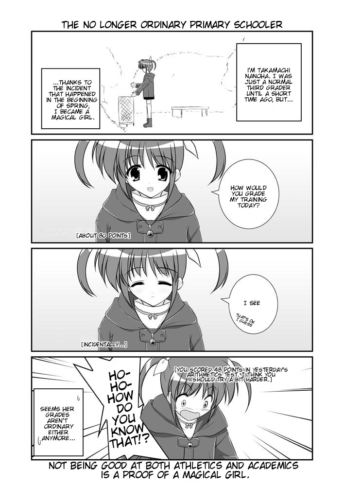 mikage takashi, raising heart, takamachi nanoha, lyrical nanoha, mahou shoujo lyrical nanoha, mahou shoujo lyrical nanoha a's, hard-translated, third-party edit, translated, 00s, 1girl, 4koma, comic, english text, greyscale, monochrome, thighhighs, twintails
