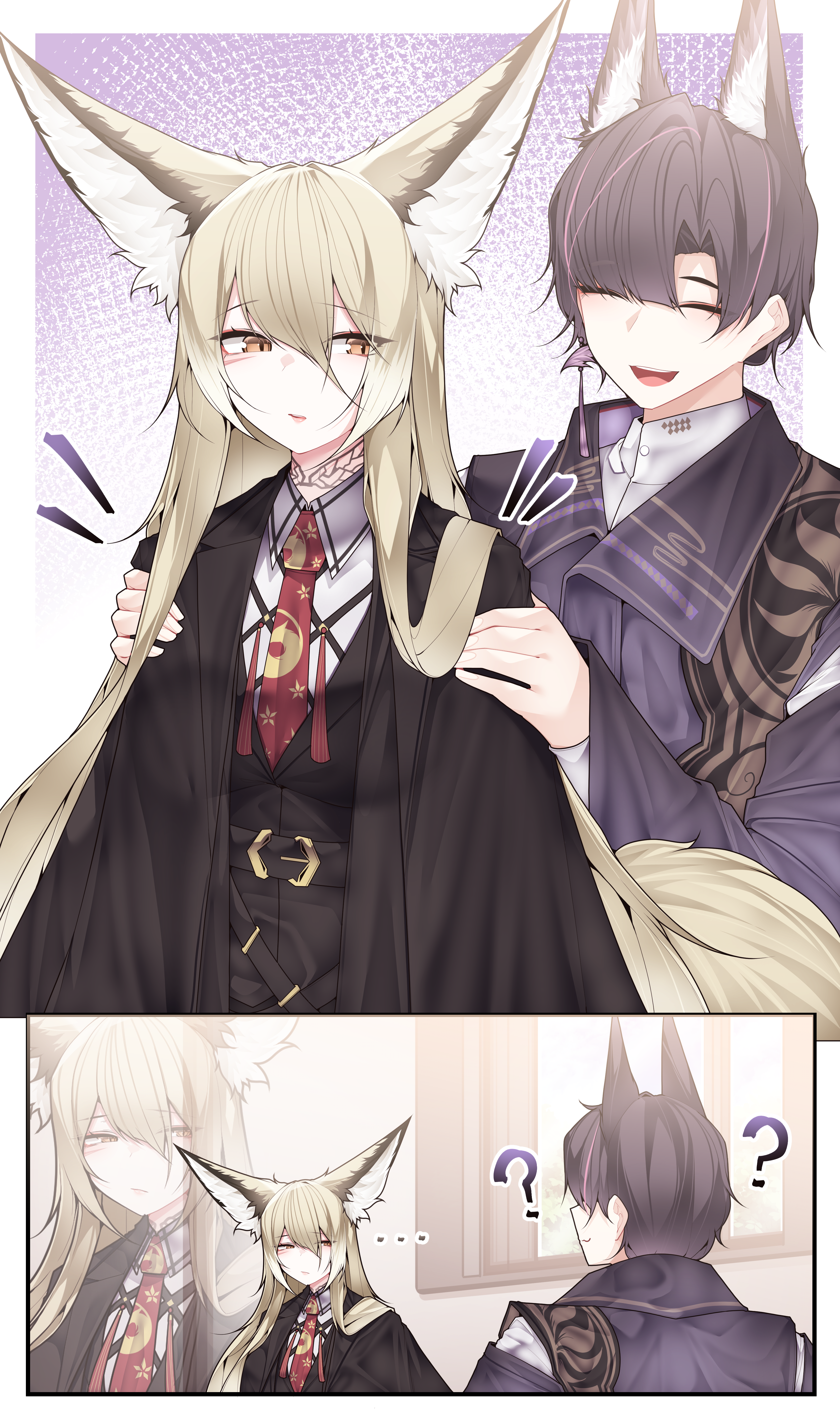 samip, suzuran's father (arknights), vulpisfoglia (arknights), arknights, absurdres, commentary, highres, …, 1boy, 1girl, ?, animal ears, black coat, closed mouth, coat, collared shirt, dated commentary, earrings, extra ears, facial scar, fox ears, fox girl, fox tail, husband and wife, japanese clothes, jewelry, kariginu, kitsune, kyuubi, long hair, multicolored hair, multiple tails, necktie, open mouth, orange eyes, pink hair, purple hair, red necktie, scar, scar on cheek, scar on face, shirt, single earring, streaked hair, tail, white shirt