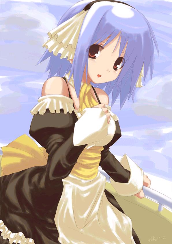 kanna ryouto, 1girl, ascot, bare shoulders, detached sleeves, female focus, frills, hairband, headdress, maid, purple hair, red eyes, solo, wrist cuffs