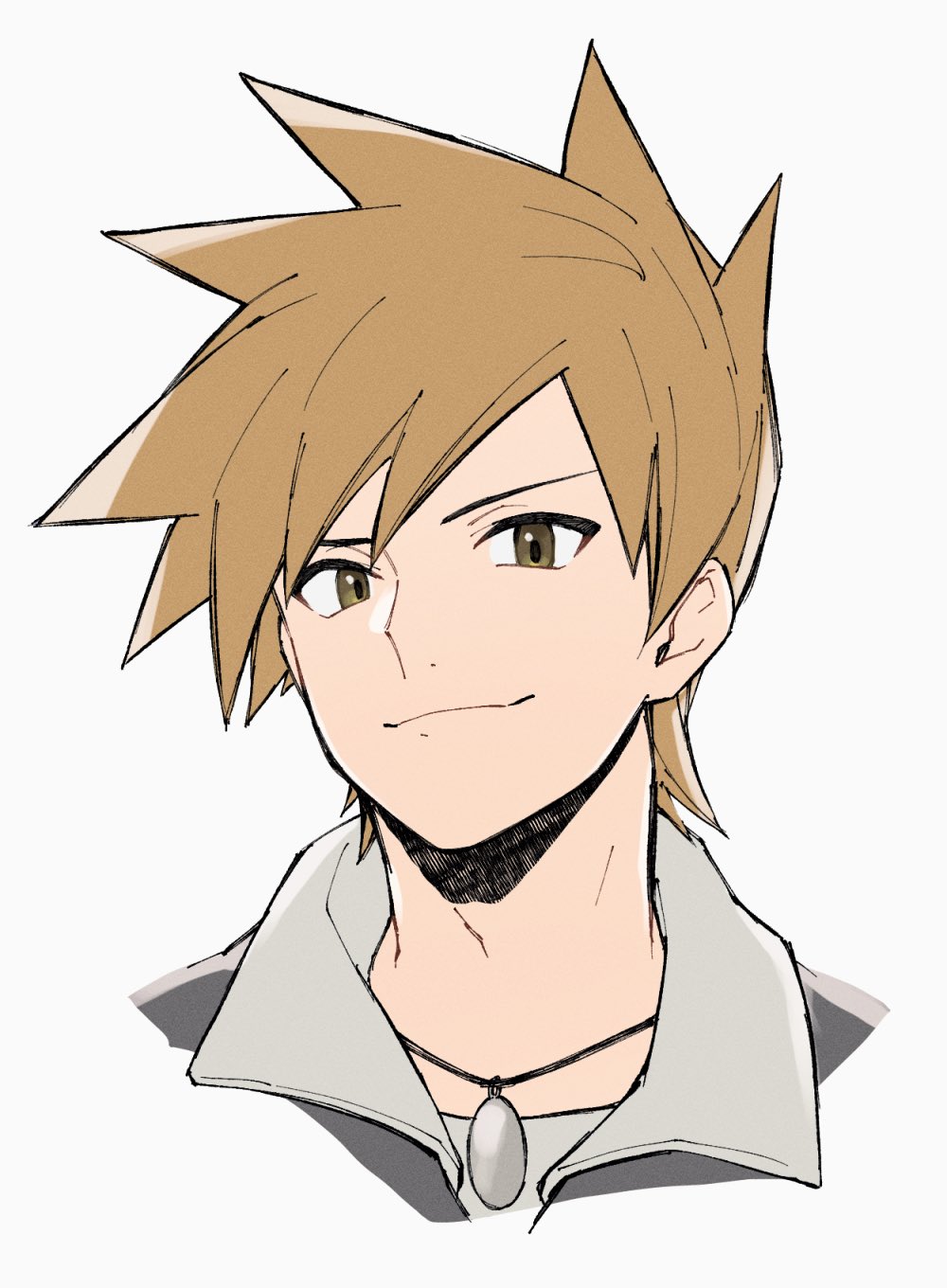 mocollie, blue oak, nintendo, pokemon, pokemon hgss, commentary request, highres, 1boy, brown eyes, brown hair, closed mouth, grey jacket, jacket, jewelry, looking at viewer, male focus, necklace, portrait, shirt, short hair, simple background, smile, solo, spiked hair, white background