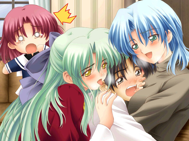 kusukusu, nozawa hanano, choir (game), game cg, 1boy, 3girls, :o, blue eyes, blue hair, blush, breast press, breasts, ear licking, earlick, femdom, girl sandwich, green hair, licking, multiple girls, pink hair, red hair, sandwiched, tongue, yellow eyes