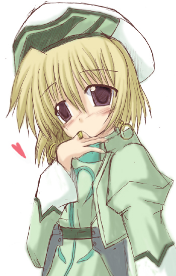 klarwind, shamal, lyrical nanoha, mahou shoujo lyrical nanoha, mahou shoujo lyrical nanoha a's, 00s, 1girl, blonde hair, blush, earrings, female focus, hat, heart, jacket, jewelry, magical girl, open clothes, open jacket, purple eyes, ring, short hair, solo, waist cape