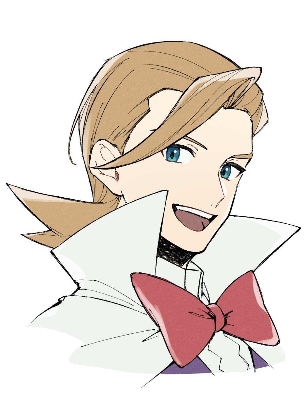 mocollie, eusine (pokemon), nintendo, pokemon, pokemon hgss, commentary request, highres, 1boy, :d, bow, bowtie, cape, green eyes, happy, jacket, looking at viewer, loose hair strand, male focus, open mouth, popped collar, portrait, purple jacket, red bow, red bowtie, shirt, simple background, smile, solo, teeth, tongue, upper teeth only, white background, white cape, white shirt