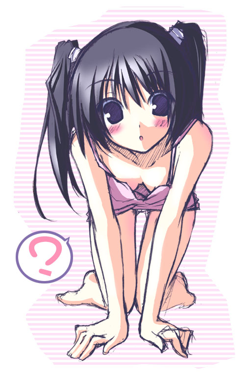 senmu (senmudayo), original, 1girl, :o, ?, all fours, barefoot, black eyes, black hair, blush, breasts, cleavage, downblouse, female focus, looking at viewer, sketch, small breasts, solo, spoken question mark, twintails