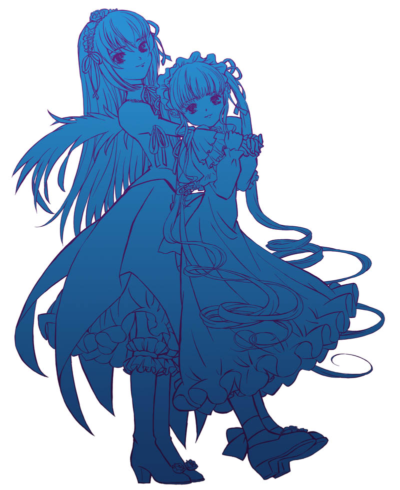 shinku, suigintou, rozen maiden, 00s, 2girls, blue theme, blunt bangs, dress, flower, frilled sleeves, frilled thigh strap, frills, hairband, hug, hug from behind, leaning back, long hair, long sleeves, looking at viewer, maid headdress, monochrome, multiple girls, rose, shoes, simple background, smile, socks, thigh strap, twintails, very long hair, white background, wings
