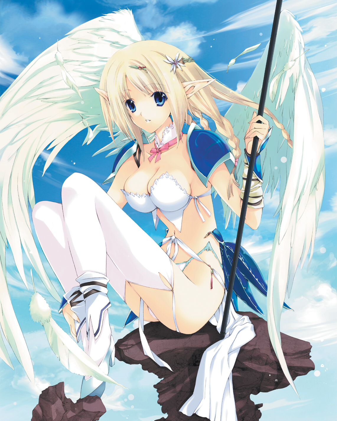 iizuki tasuku, duplicate, highres, 1girl, angel, armor, bikini, blonde hair, blue eyes, bra, day, elf, female focus, high heels, highleg, highleg bikini, highleg panties, lingerie, panties, pantyshot, pointy ears, polearm, shoes, sitting, solo, spear, swimsuit, thighhighs, underwear, weapon, white bikini, white panties, white thighhighs, wings