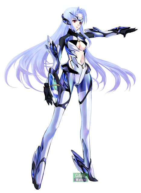 choco (chocolate shop), kos-mos, kos-mos ver. 3, xenosaga, xenosaga episode iii, 00s, 1girl, armor, blue hair, breasts, female focus, gloves, long hair, red eyes, simple background, solo