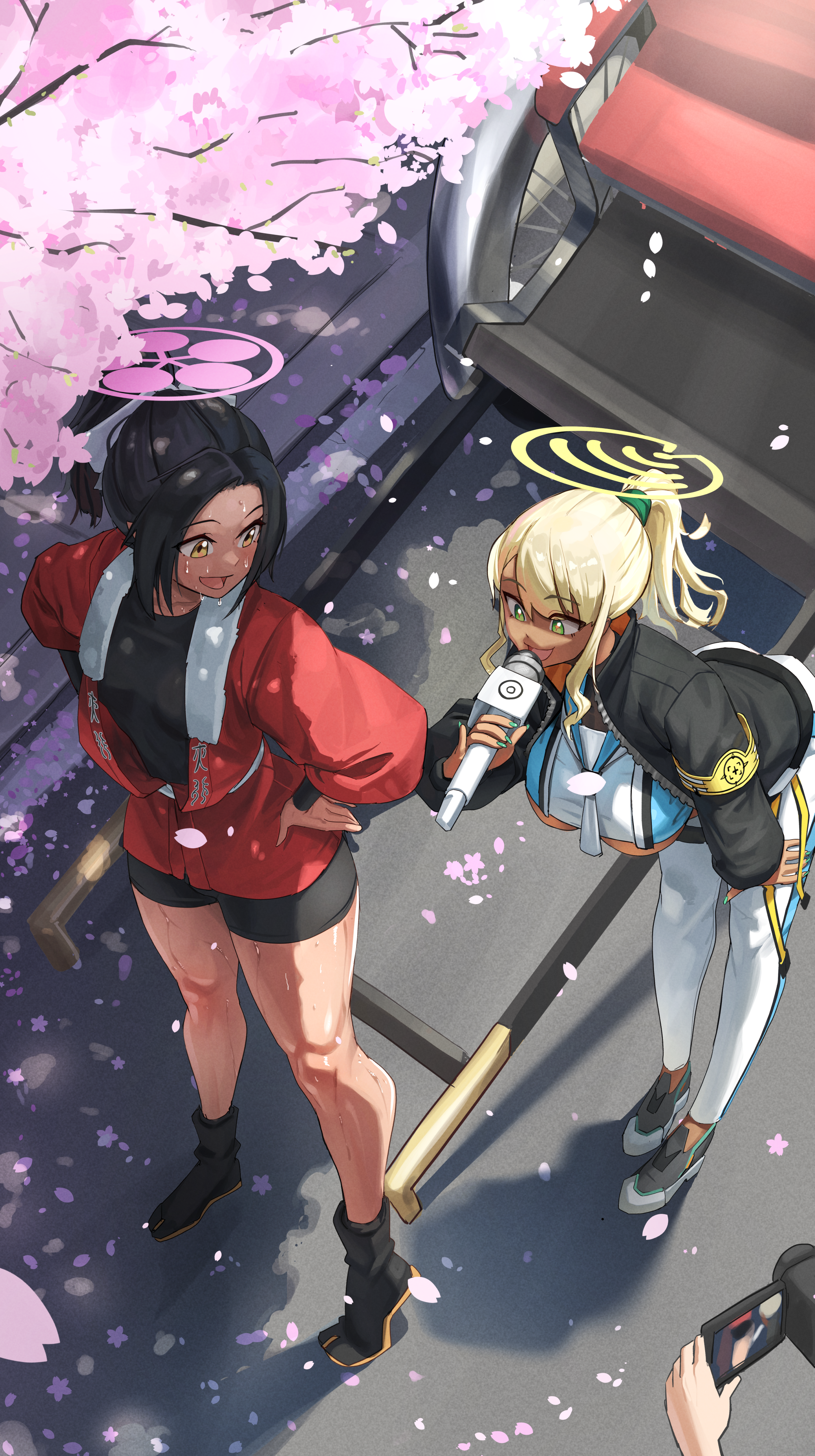 roro (tpghksdlzpq), rickshaw student (blue archive), shinon (blue archive), blue archive, absurdres, highres, 1other, 2girls, :d, armband, black boots, black hair, black jacket, black shirt, black shoes, black shorts, blonde hair, boots, breasts, camera, cherry blossoms, cropped shirt, dark-skinned female, dark skin, from above, green eyes, halo, hand up, hands on own hips, holding, holding camera, holding microphone, jacket, large breasts, leaning forward, long hair, microphone, multiple girls, open clothes, open jacket, open mouth, outdoors, pants, pink halo, ponytail, red jacket, rickshaw, road, shirt, shoes, shorts, smile, sneakers, sweat, underboob, very sweaty, video camera, white pants, white shirt, yellow armband, yellow eyes, yellow halo