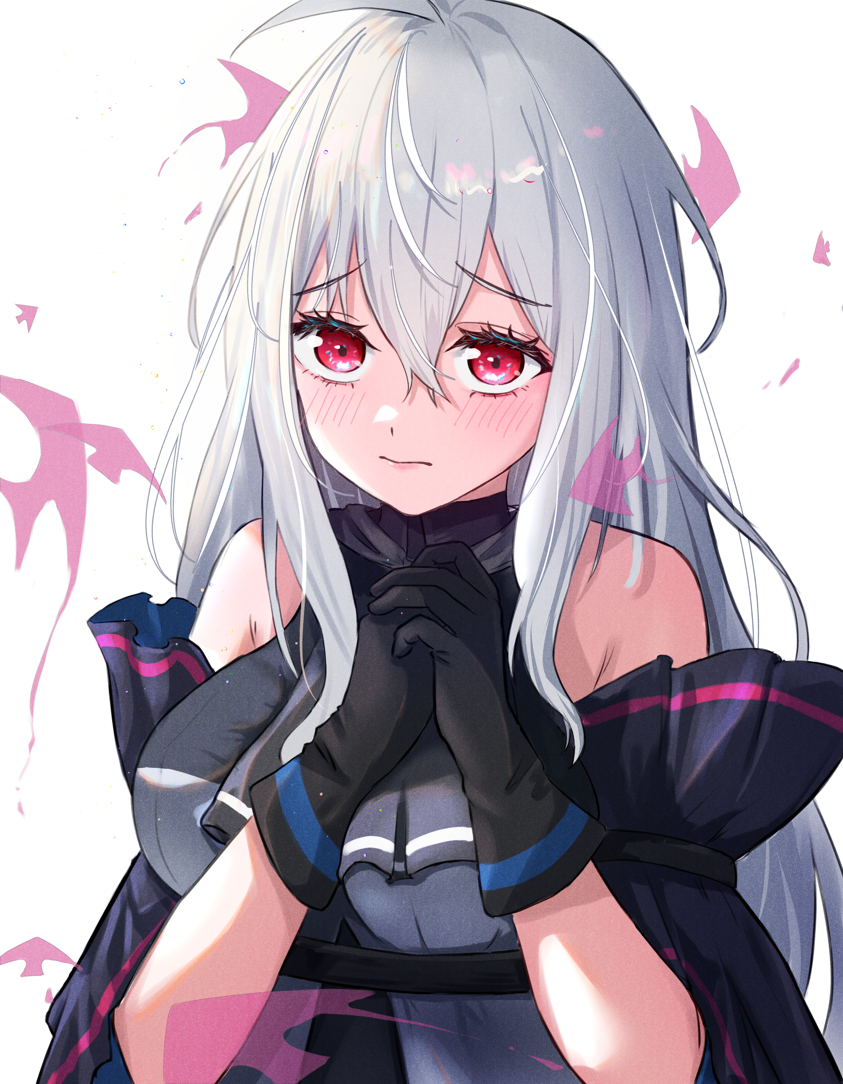 runyo (yale12312), skadi (arknights), skadi (elite ii) (arknights), arknights, absurdres, highres, 1girl, angelfish, ascot, bare shoulders, black ascot, blush, fish, gloves, grey hair, hair between eyes, hand on own chest, long hair, looking at viewer, red eyes, tropical fish