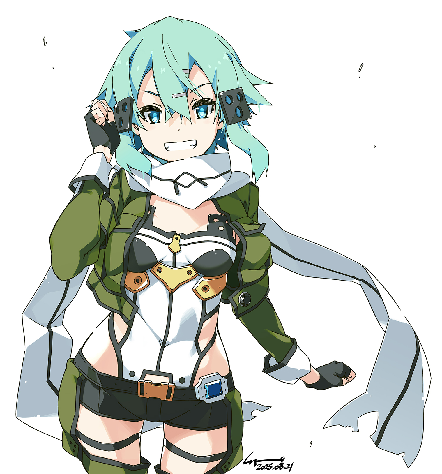 shikei, sinon, sword art online, highres, 1girl, aqua hair, black gloves, blue eyes, breasts, clenched teeth, cropped jacket, fingerless gloves, gloves, green jacket, jacket, leotard, long hair, looking at viewer, open mouth, scarf, shorts, skindentation, small breasts, solo, standing, teeth, thigh strap, white background, white leotard