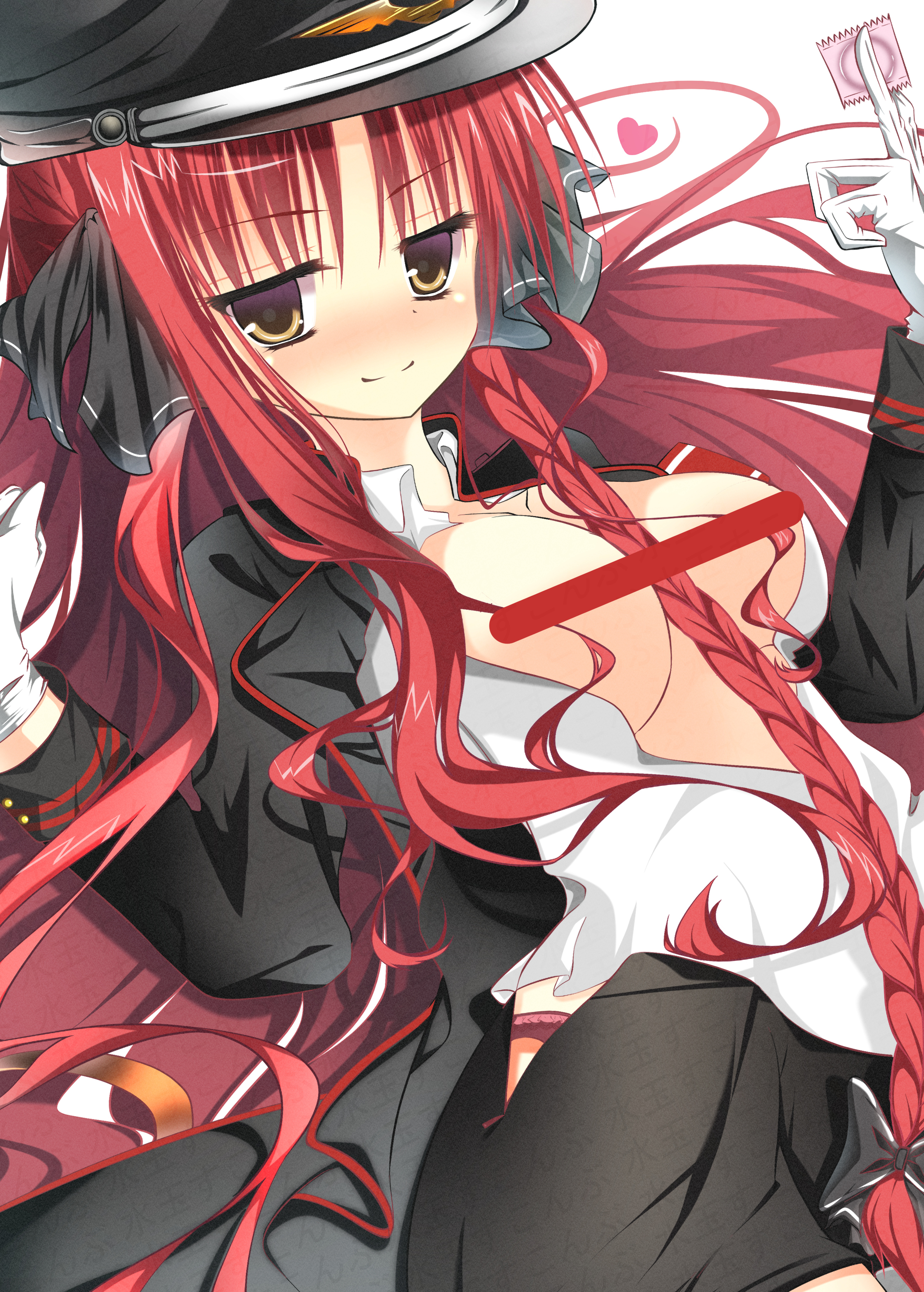 sukonbu385, yarai miu, dracu-riot!, absurdres, commentary, highres, >:), 1girl, bar censor, black bow, black hat, black jacket, black skirt, blush, bow, braid, breasts, breasts out, censored, closed mouth, condom, cowboy shot, dutch angle, eyelashes, eyes visible through hair, floating hair, gloves, hair between eyes, hair bow, hands up, hat, heart, holding, holding condom, jacket, large breasts, long hair, long sleeves, looking at viewer, nose blush, open clothes, open jacket, open shirt, panties, panty peek, peaked cap, pencil skirt, pink panties, shirt, sidelocks, simple background, single braid, skirt, smile, solo, split mouth, underwear, v-shaped eyebrows, very long hair, w arms, watermark, white background, white gloves, white shirt, yellow eyes