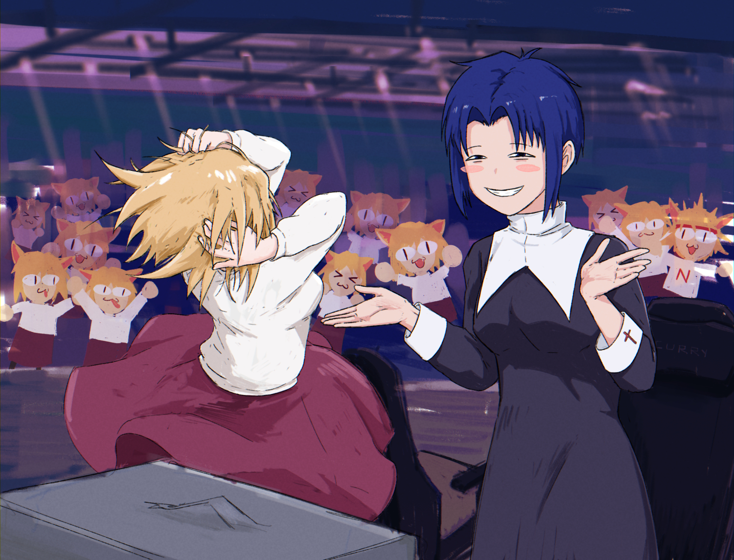 goob (garblobia), arcueid brunestud, ciel (tsukihime), neco-arc, melty blood, tsukihime, 6+girls, angry, animal ears, anya's heh face (meme), blonde hair, blue eyes, blue hair, blush, breasts, cat ears, cat girl, chair, dual persona, fighting game, gaming chair, hands on own head, indoors, looking at viewer, meme, multiple girls, nun, purple skirt, short hair, shrugging, sideboob, skirt, smile, smug, swivel chair, tunic, white sleeve cuffs, wing collar