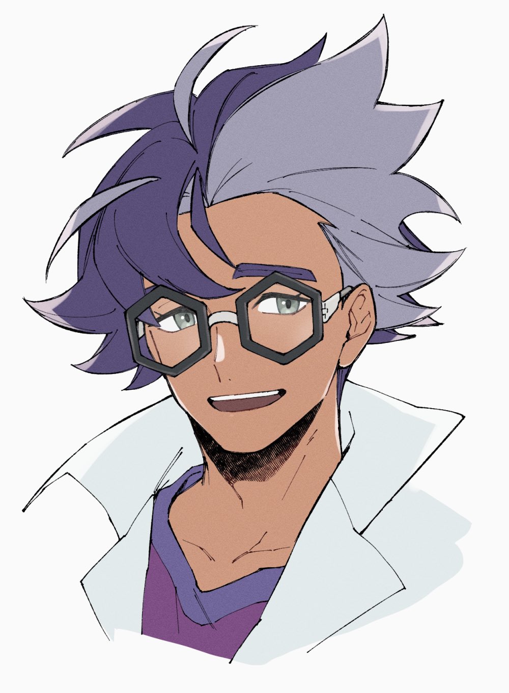 mocollie, jacq (pokemon), nintendo, pokemon, pokemon sv, commentary request, highres, 1boy, :d, black-framed eyewear, coat, collared coat, glasses, grey eyes, happy, looking at viewer, male focus, multicolored hair, open mouth, portrait, purple shirt, shirt, short hair, simple background, smile, solo, teeth, two-tone hair, upper teeth only, white background, white coat