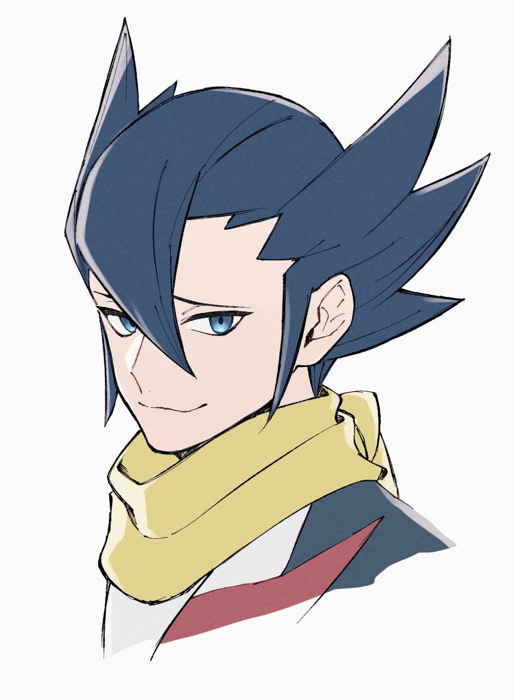 mocollie, grimsley (pokemon), nintendo, pokemon, pokemon bw, commentary request, highres, 1boy, black hair, blue eyes, closed mouth, hair between eyes, jacket, looking at viewer, male focus, pointy hair, portrait, scarf, shirt, short hair, simple background, smile, solo, white background, white shirt, yellow scarf