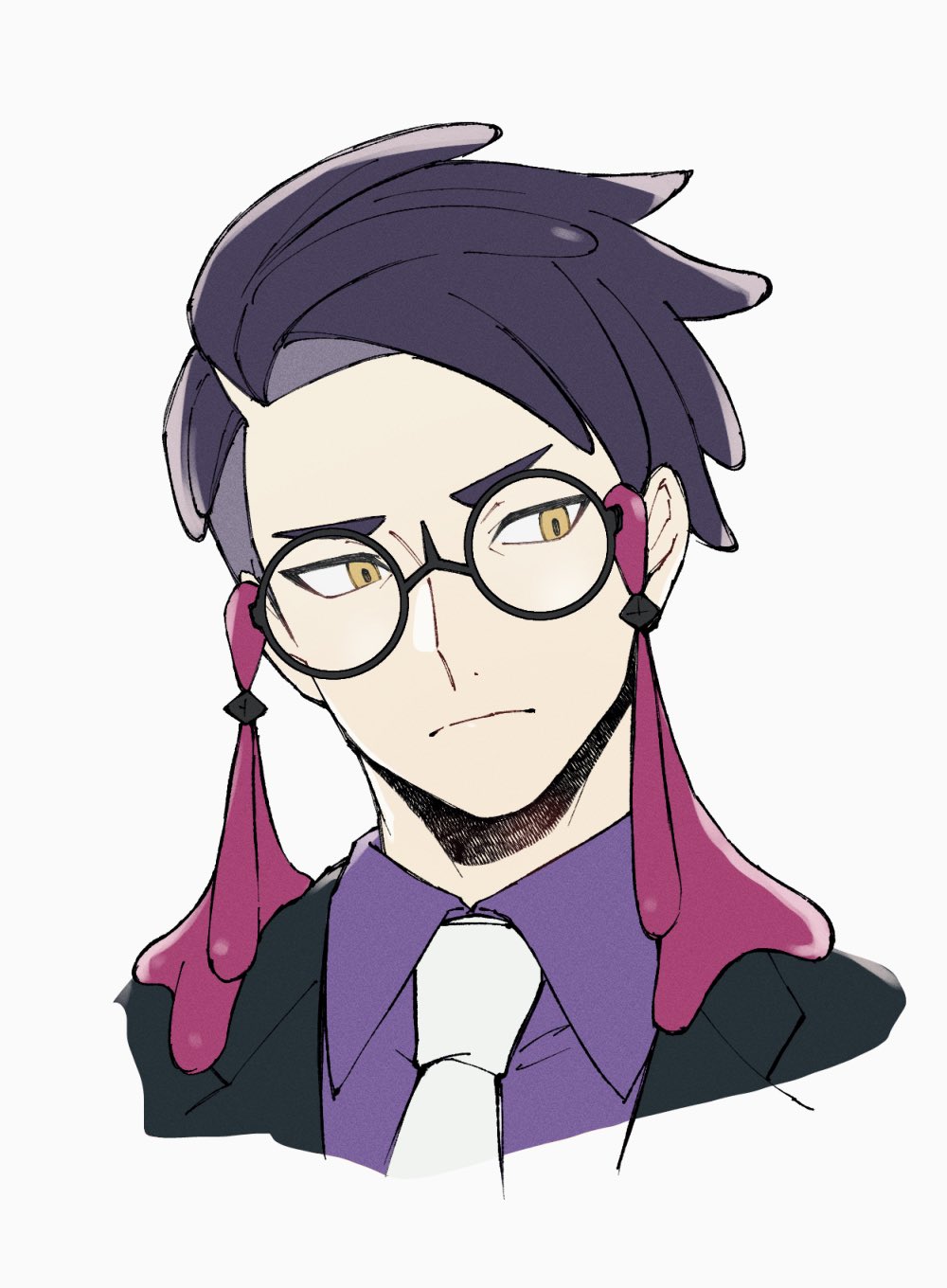 mocollie, corbeau (pokemon), nintendo, pokemon, pokemon legends: z-a, commentary request, highres, 1boy, black-framed eyewear, black hair, black jacket, closed mouth, collared shirt, glasses, jacket, looking to the side, male focus, necktie, portrait, purple shirt, shirt, short hair, simple background, solo, undercut, white background, white necktie, yellow eyes