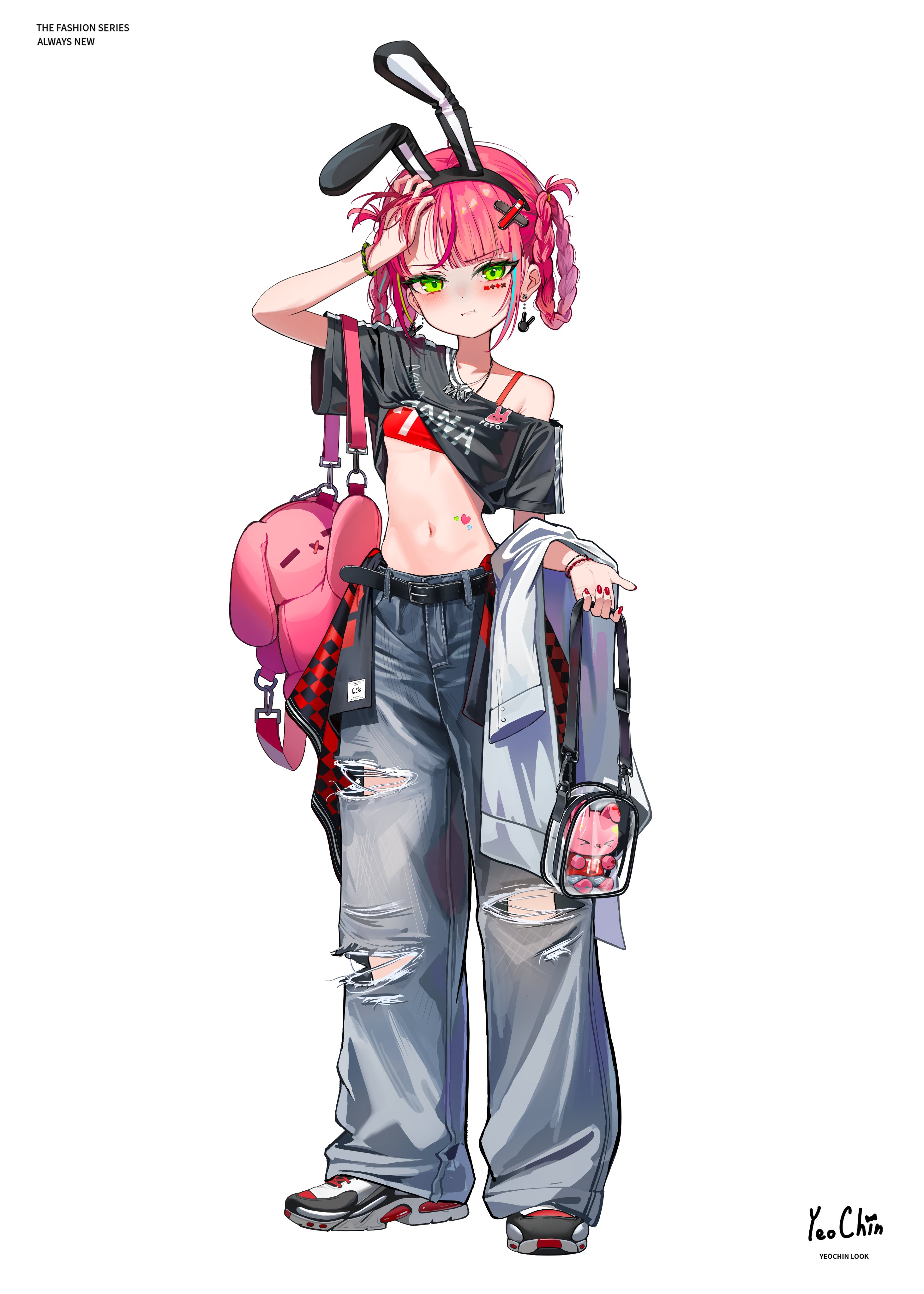 firehippo, hanako nana, stellive, absurdres, commentary request, highres, korean commentary, 1girl, animal ear hairband, animal ears, arm up, artist name, belt, black belt, black hairband, black shirt, blush, bra, braid, braided hair rings, crop top, cropped shirt, denim, dot nose, earrings, embarrassed, fake animal ears, full body, green eyes, hair rings, hairband, hand in own hair, heart sticker, holding, holding unworn clothes, jeans, jewelry, looking at viewer, loose pants, navel, pants, pantyhose, pink hair, pout, rabbit ear hairband, rabbit earrings, rabbit ears, red bra, shirt, shoes, short sleeves, simple background, sneakers, solo, stomach, stuffed animal, stuffed rabbit, stuffed toy, torn clothes, torn pantyhose, torn shirt, underwear, unworn shirt, virtual youtuber, white background