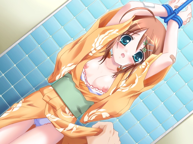 ooshima toshihiko, nanase honoka, itaike na kanojo, game cg, 1girl, arms up, bandaid, bdsm, bondage, bound, bound wrists, breasts, clothes lift, dress, dress lift, dutch angle, female focus, japanese clothes, nipples, panties, solo, thigh gap, thighs, underwear, white panties