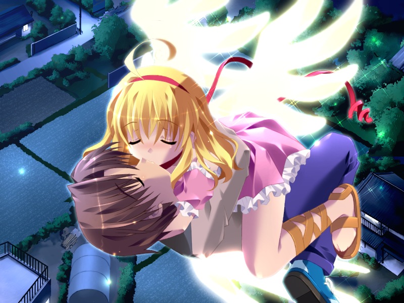 meru (tamakyuu), tamakyuu, game cg, 1girl, ahoge, angel, arms around neck, blonde hair, brown hair, closed eyes, flying, from above, hair ribbon, kiss, night, ribbon, wings